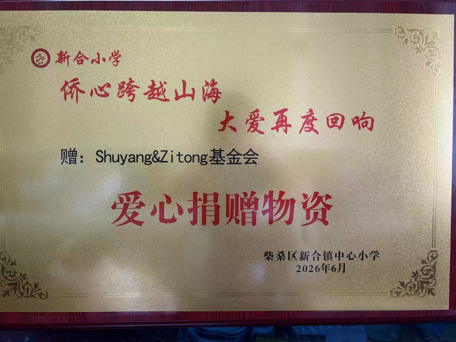 A commemorative plaque presented by Xinhe Town Central Primary School for the donated supplies.
